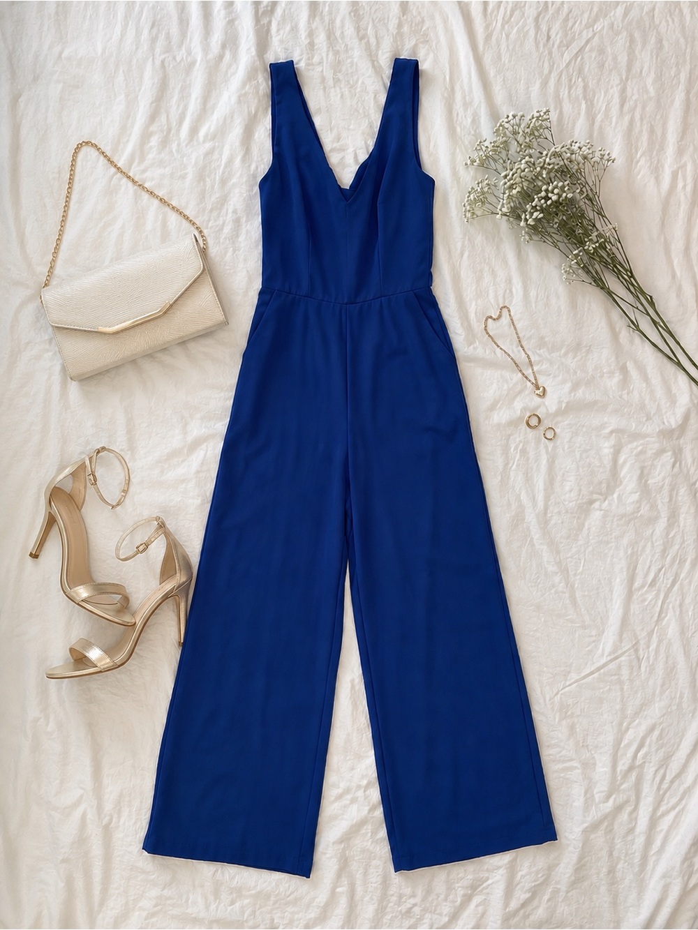 Francesca's Collections Royal Blue Deep V Wide-Leg Jumpsuit